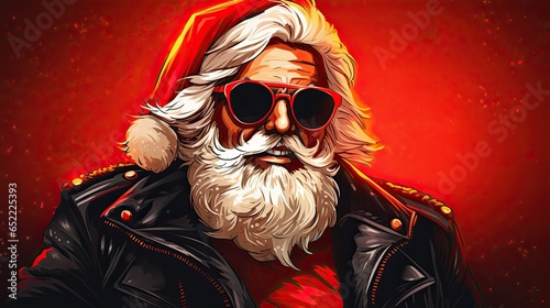 Bright hipster Santa Claus in sun glasses on black background. Generative AI © Gelpi