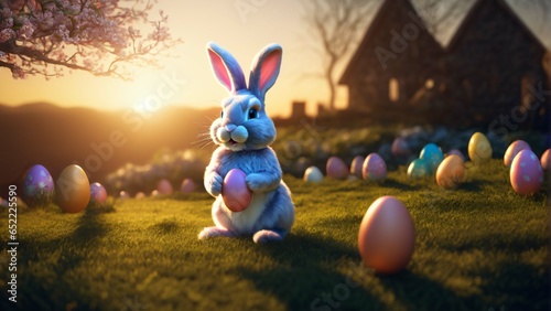 Easter bunny toy with easter eggs on grass and sunset in background. Extremely detailed and realistc high resolution design photo