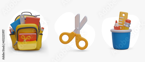 School supplies, 3D icon set. Open yellow backpack with stationery, scissors, pen holder. Vector objects with shadows. Back to school. Illustrations for web design