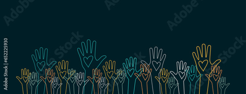 Raised hands. Volunteering, teamwork concert.