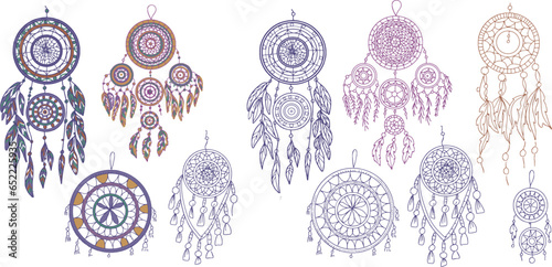 Dreamcatcher set, hand-drawn separately on a white background, round with feathers and beads, anti-stress coloring book