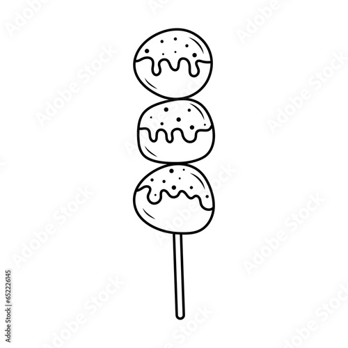 Japanese sweet mochi dango balls. Asian food mitarashi dango linear icon. Hand drawn doodle illustration.