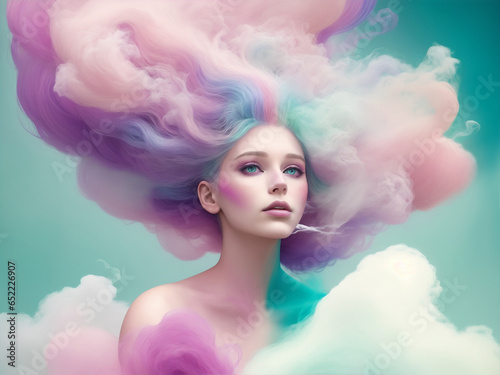 Artistic Portrait of Young Woman with Creative Hairstyle Pastel Colored Hair