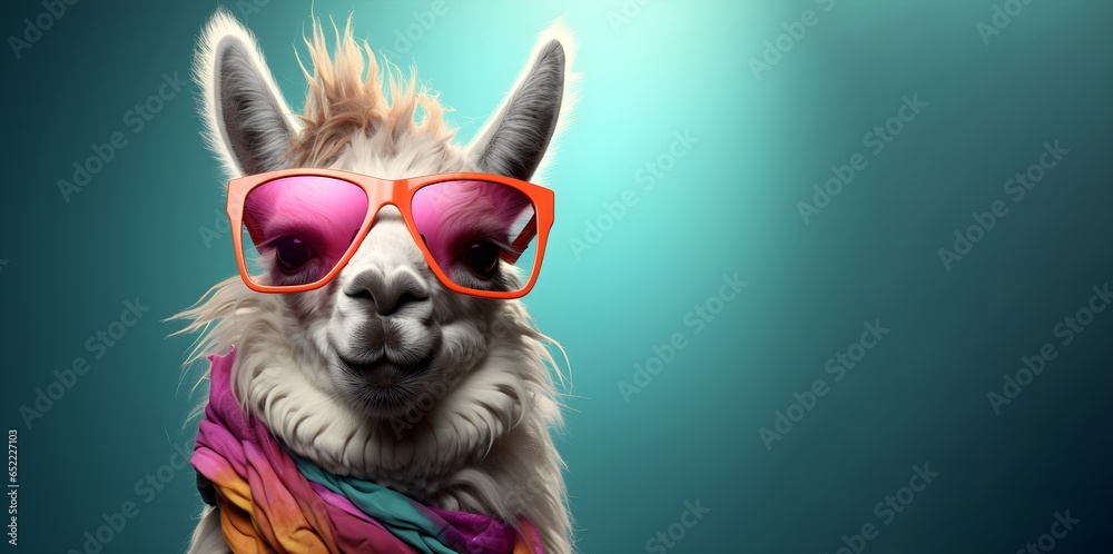 Creative animal concept. a llama wearing sunglasses and a scarf . copy space. generative ai