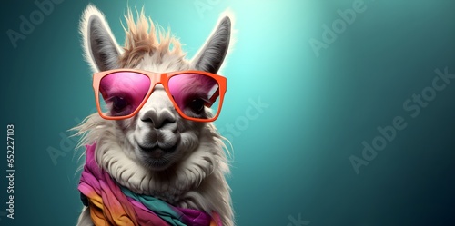 Creative animal concept. a llama wearing sunglasses and a scarf . copy space. generative ai © kabir