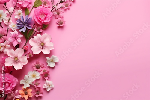 Arrangement of spring flowers against a pink background. Blooming concept. Flat lay © Canvas Alchemy