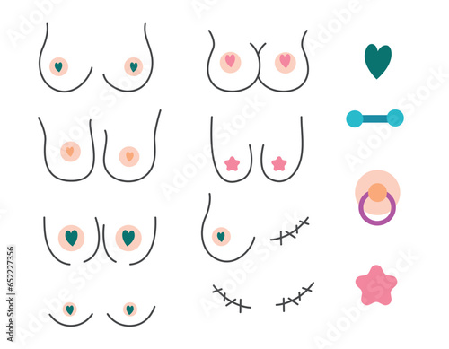 Set of female breasts, breasts of different sizes. Breast cancer. Line style, doodle illustration on a transparent background. Accessories, beauty. Vector illustration