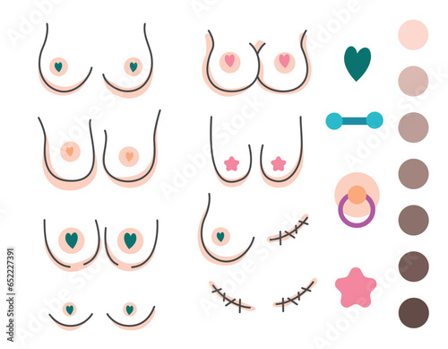 Set of female breasts, breasts of different sizes. Breast cancer. Line style on a transparent background. Accessories, beauty. Piercing, skin color sample sticker