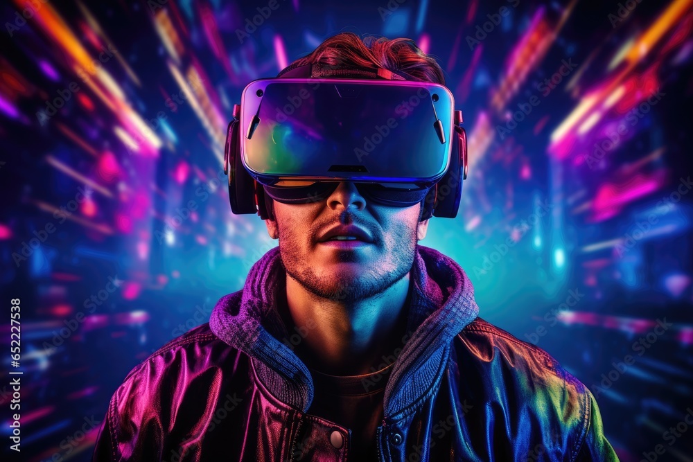 Man in virtual reality glasses, background bright cybpunk universe with neon Man in virtual reality glasses, background bright cybpunk universe with neon