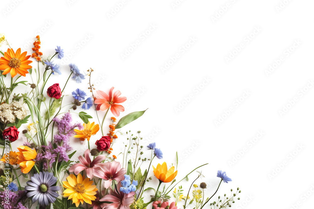 Arrangement of spring flowers against a white background. Blooming concept. Flat lay