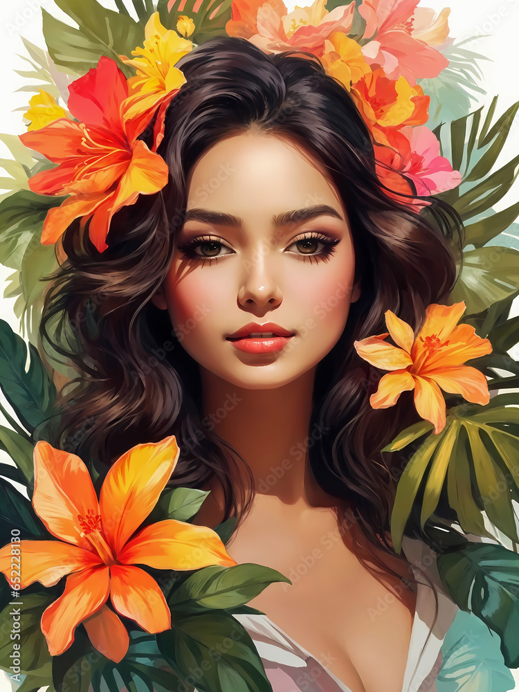 Fashion Portrait Illustration of Young Beautiful Woman with Flowers