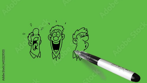 draw four different young faces of man in stylish posture with red heart with black outline on abstract green screen background    
