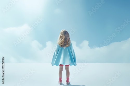 Imaginative little superhero girl, rear view of little girl fantasizing about being a superhero photo