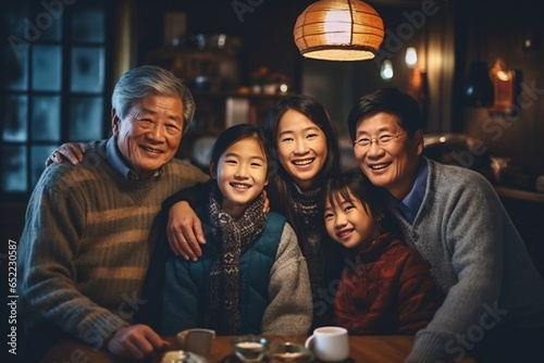 Three generation asian family gathering at home