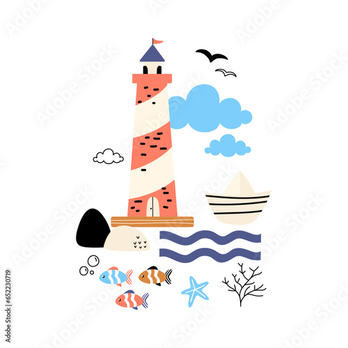 Sea clipart. Vector illustration with sea elements. Lighthouse, boat, fishes. Illustrations for nursery decor, prints and posters