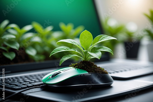Eine Computermaus, auf der eine Pflanze wächst, als Symbol für Green IT