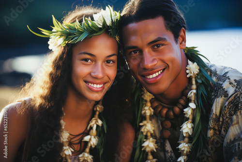 Enchanting Polynesian newlyweds celebrate love by the serene ocean, adorned in traditional attire with leis and seashells. Perfect embodying island romance and tribal culture. photo