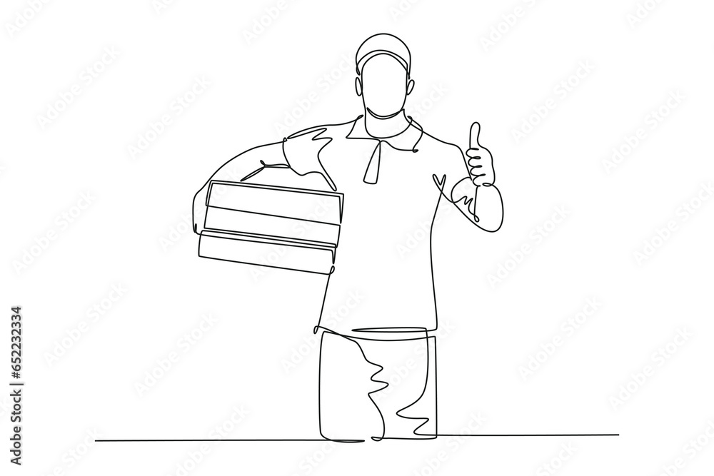 Continuous one line drawing young happy delivery man gives thumbs up gesture while lift up and deliver carton box package to costumer. Delivery service. Single line design vector graphic illustration Continuous one line drawing young happy delivery man gives thumbs up gesture while lift up and deliver carton box package to costumer. Delivery service. Single line design vector graphic illustration