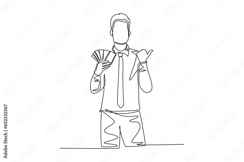 Single continuous line drawing young happy successful businessman show money paper stack and gives thumbs up gesture. Business success concept. Dynamic one line draw graphic design vector illustration