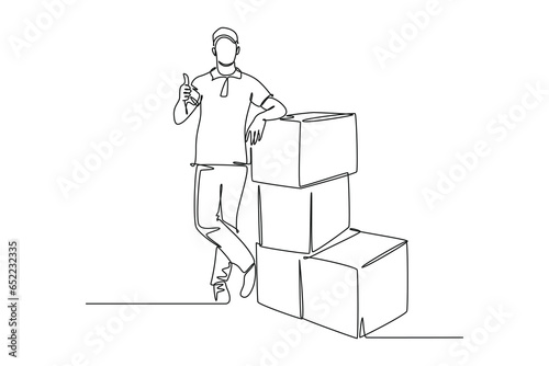 Continuous one line drawing young happy delivery man thumbs up while lift up and deliver carton box packages to customer. Delivery service business. Single line draw design vector graphic illustration