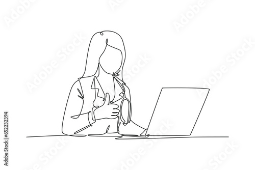 Single continuous line drawing young happy doctor woman open a laptop to write medical record and gives thumbs up gesture. Healthcare service concept. One line draw graphic design vector illustration