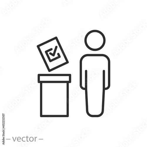 voter in elections icon, person and ballot box, contributes paper vote, candidate selection, thin line symbol - editable stroke vector illustration