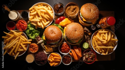 Fast food background. Top view of delicious cheeseburgers with french fries and fresh vegetables.