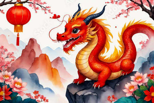 Charming Chinese New Year Dragon Card   Watercolor Style  AI Generated