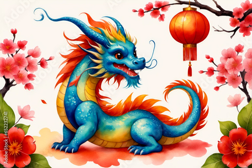 Year of the Dragon,  Chinese New Year Watercolor Postcard, AI Generated © GOLVR