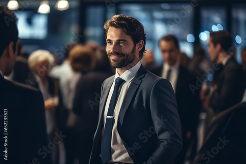 A dynamic businessman is enthusiastically networking at a corporate event
