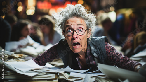 Compelling image of an exasperated retiree organizing a charity fair, expressing deep emotion amid paperwork clutter on desk. Ideal for elderly volunteer & event planning themes. photo
