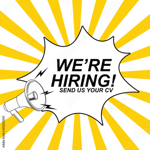 we are hiring text with megaphone and retro background