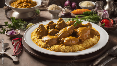 Creamy and flavorful tasty chicken curry with rice and vegetables: A popular Indian dish