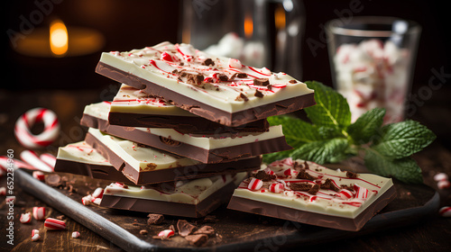 Homemade peppermint bark, white and dark chocolate with crushed candy canes, Christmas treat or gift idea photo
