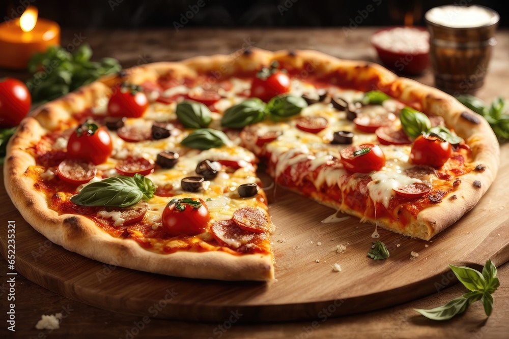 Sizzling Hot Pizza: Freshly Baked with Stretchy, Melty Cheese in Traditional Kitchen Setting, AI Generated Sizzling Hot Pizza: Freshly Baked with Stretchy, Melty Cheese in Traditional Kitchen Setting, AI Generated