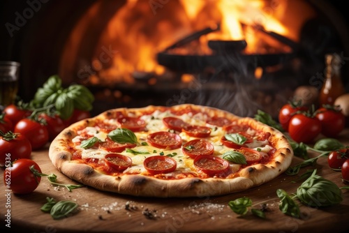 Sizzling Hot Pizza: Freshly Baked with Stretchy, Melty Cheese in Traditional Kitchen Setting, AI Generated