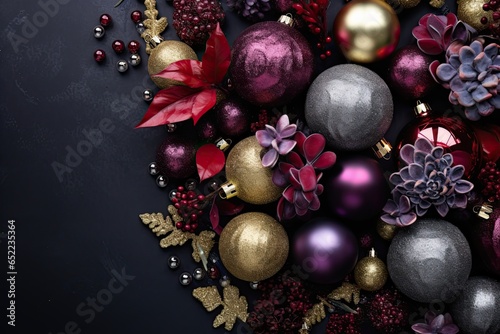 Christmas and New Year background made of balls and sparkles, with glitter and glamour, rich jewel colors. photo