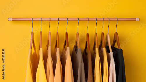 Rack with wooden clothes hangers on yellow background photo