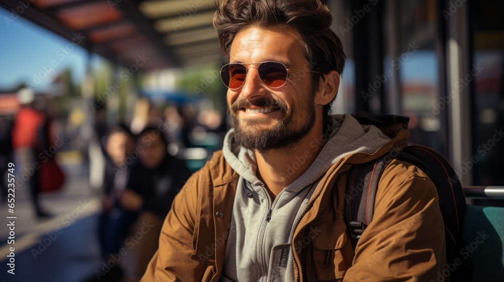 A man is waiting at a bus stop. Generative AI A man is waiting at a bus stop. Generative AI