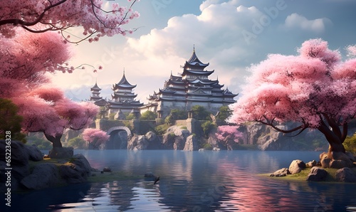 japanese castle in pink tree zen garden, ai generative photo