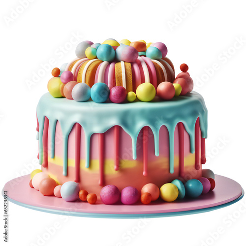 Birthday cake with candles, cookies and decorations isolated on transparent