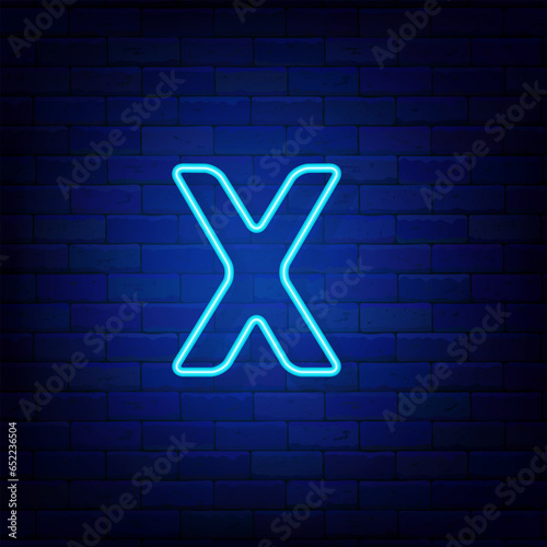 Neon letter X on brick wall. Stranger and 10 sign. Bright blue logotype. Simple shape. Vector stock illustration