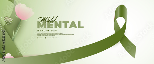 world mental health day banner design with green ribbon elements