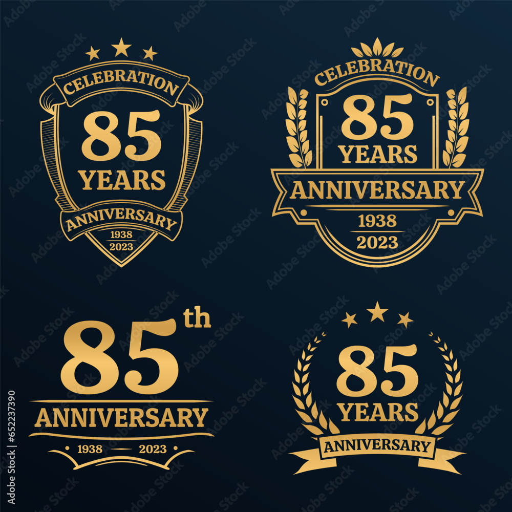 85 years anniversary icon or logo set. Vintage birthday banner design. 85th anniversary jubilee celebration golden badge or label collection. Vector illustration.