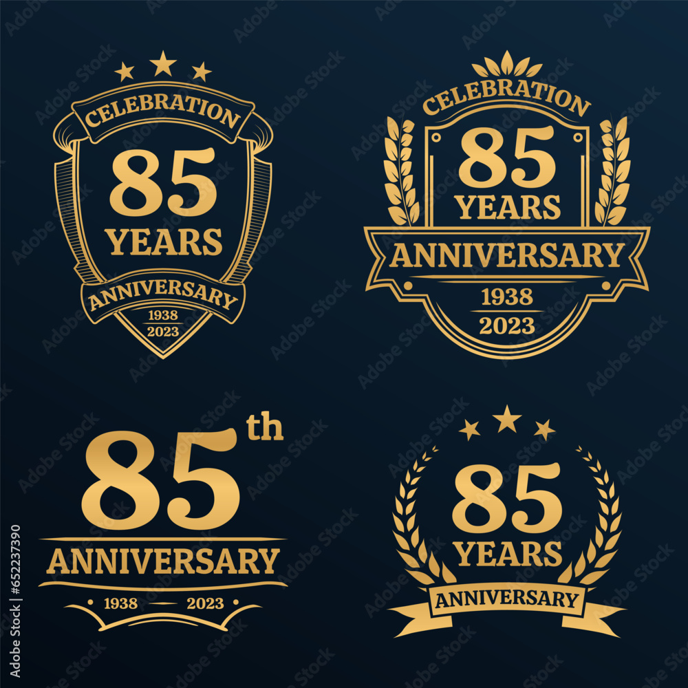 Naklejka premium 85 years anniversary icon or logo set. Vintage birthday banner design. 85th anniversary jubilee celebration golden badge or label collection. Vector illustration.