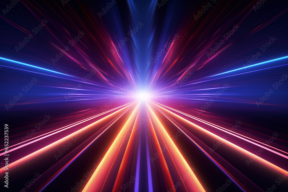 Neon light abstract background. Data transfer. Fast network. Tunnel or corridor red blue neon glowing lights. Futuristic laser lines and LED create glow. Cyber club neon light. Sci fi.