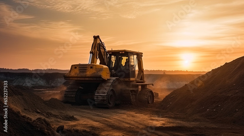 In the waning light of the sunset, an excavator carries out earthmoving operations at a coal open pit, exemplifying the intersection of recycling 