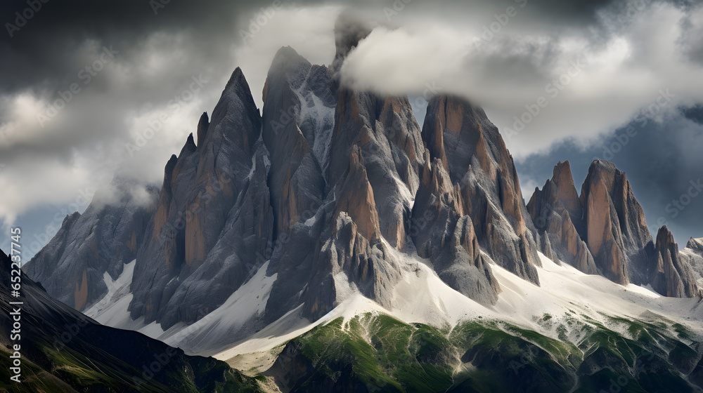 Marvel at the awe-inspiring beauty of majestic mountain peaks. This highly detailed photograph captures the grandeur of nature's architecture, with rugged peaks touching the sky.