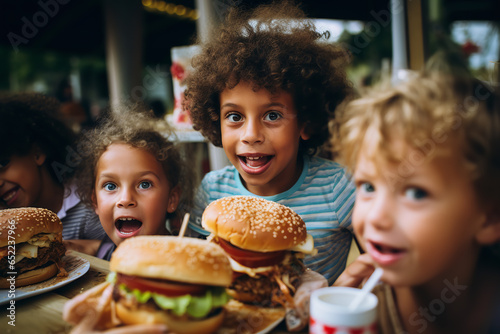 A group of joyful children are enjoying hamburgers at an outdoor birthday party  their faces beaming with happiness
