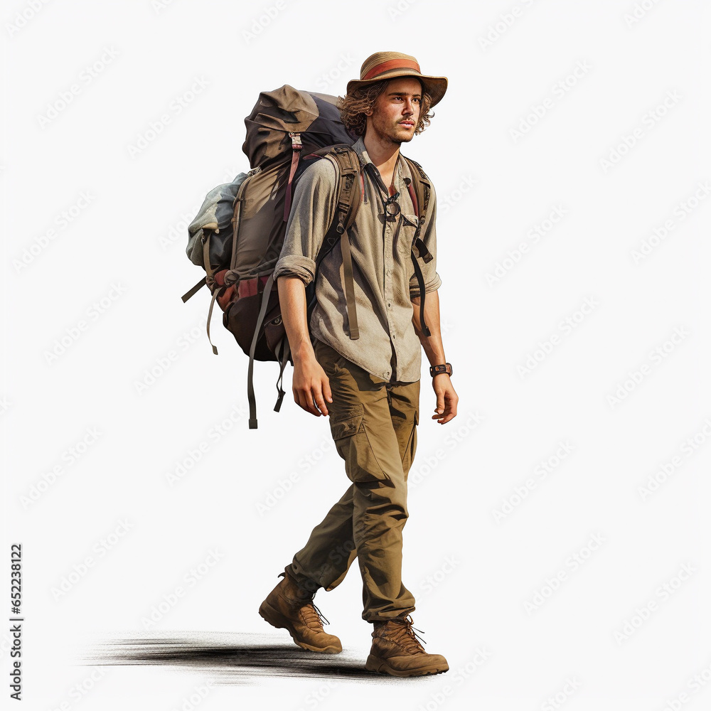 Portrait of male backpacker, isolated on white, transparent background Portrait of male backpacker, isolated on white, transparent background